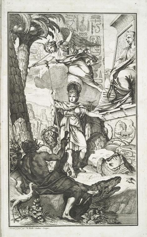 Allegorical image with Egyptian monuments, African animals, angel with trumpet and Roman imperial figure.