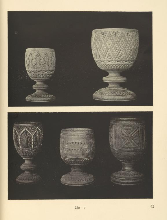 a-e) Hucul (Galician) wooden carved wine glasses partly incrusted with bored beads ("koralki"): Collection of the Náprstkovo Museum in Prague.