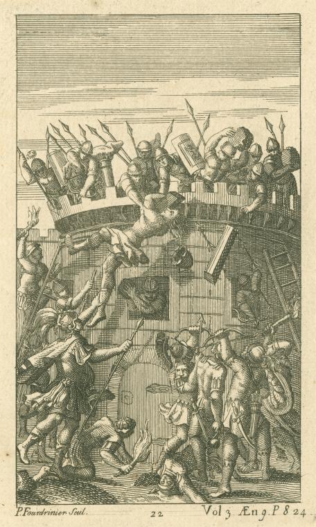 Lycus, clutching a large chunk of the tower wall, is dragged down by Turnus