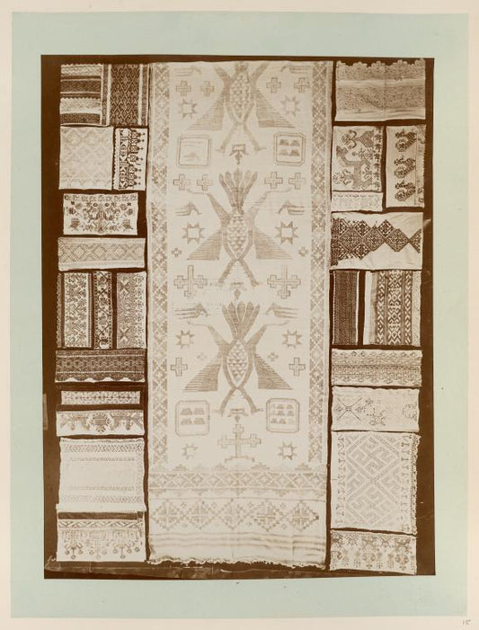 Examples of characteristic old popular design embroidery, textiles, and Russian lace.