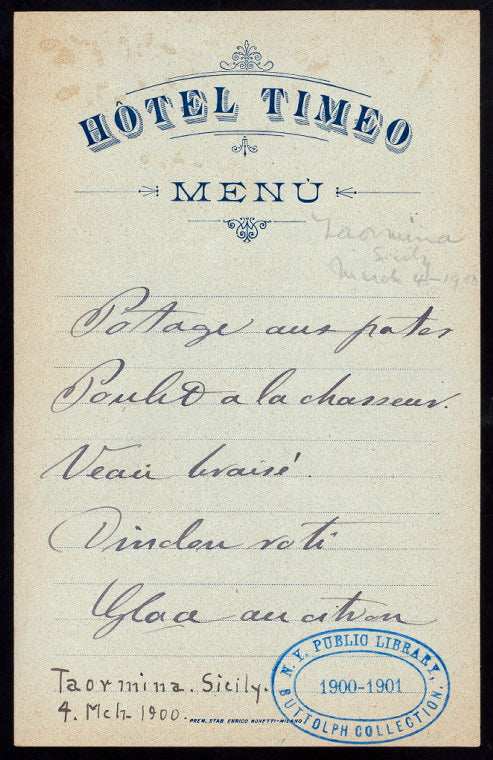 MENU [held by] TIMEO HOTEL [at] "[TAORMINA, SICILY]" (HOTEL;)