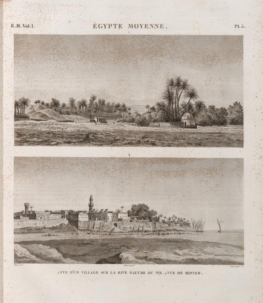 Égypte Moyenne. 1. Vue d'un village sur la rive gauche du Nil; 2. Vue de Minyeh [Minyâ].