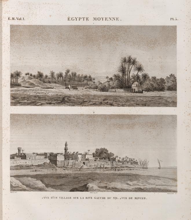 Égypte Moyenne. 1. Vue d'un village sur la rive gauche du Nil; 2. Vue de Minyeh [Minyâ].