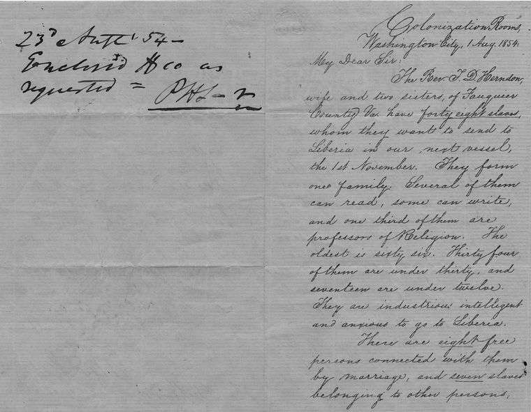 W[illiam] McClain, secretary, Washington Colonization Society, Washington, DC. To P.H. Silverton
