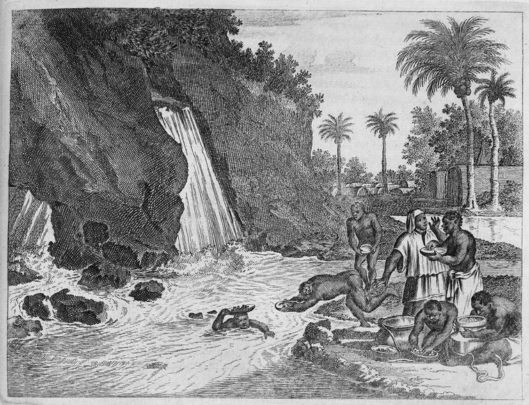 Group of men diving in the water to find unidentified materials.