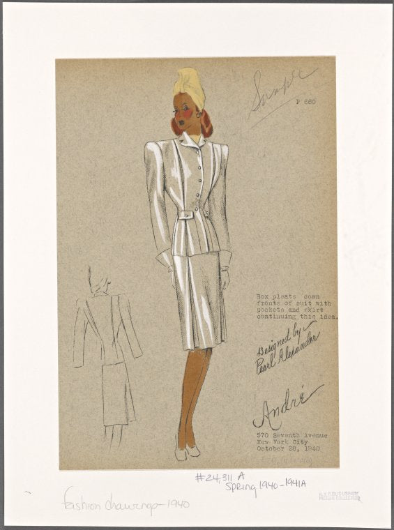 Fitted suit with two box pleats on front and back of jacket, and on front of skirt.
