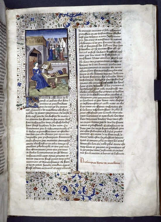 Miniature showing Leontia in a courtyard, studying a book propped up on a lectern before her.  Other books scattered around.  In middle distance, meeting of groups of courtesans and customers.  Initial, rubric, border design.