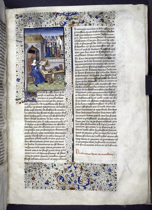 Miniature showing Leontia in a courtyard, studying a book propped up on a lectern before her.  Other books scattered around.  In middle distance, meeting of groups of courtesans and customers.  Initial, rubric, border design.