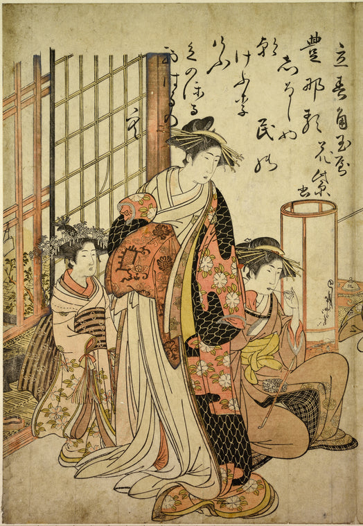 The oiran Koimurasaki and Hanamurasaki and attendants in the house called Sumitamaya
