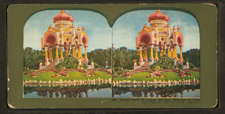 Forest Park, St. Louis. Pavillion reflected on lake.