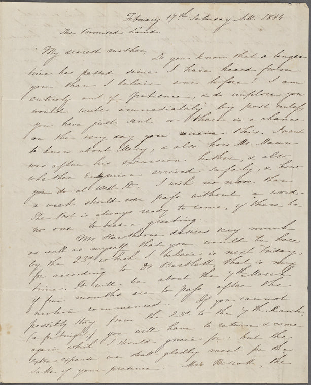 Peabody, Elizabeth [Palmer], mother, ALS to. Feb. 17, 1844.