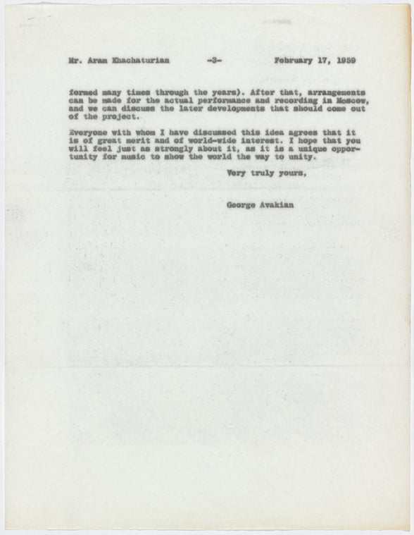 Letter from George Avakian to Aram Khatchaturian