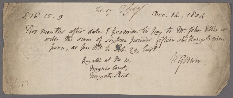Autograph promissory note signed to John Ellis, 14 December 1804