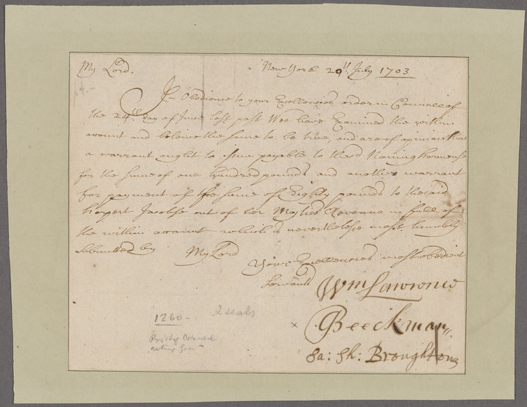 Beekman, Gerardus. New York To the Governor Lord Cornbury