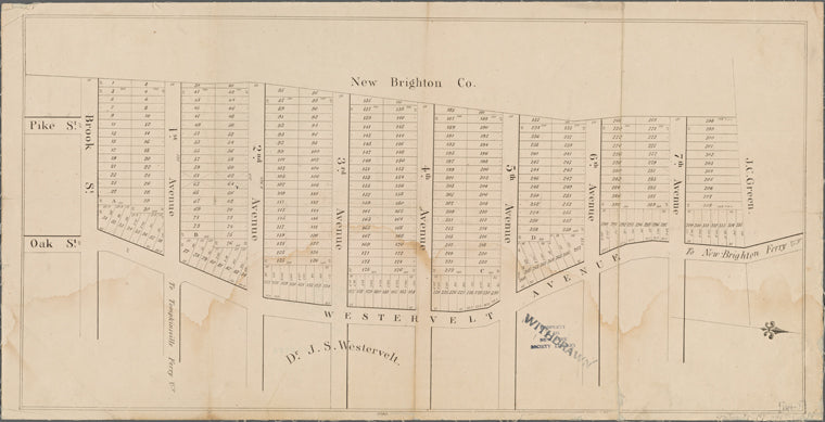 Real estate map of property bounded by Brook St., Westervalt Avenue, property of J.C. Green and property of the the New Brighton Co.