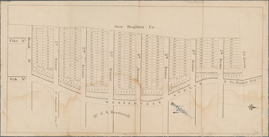 Real estate map of property bounded by Brook St., Westervalt Avenue, property of J.C. Green and property of the the New Brighton Co.
