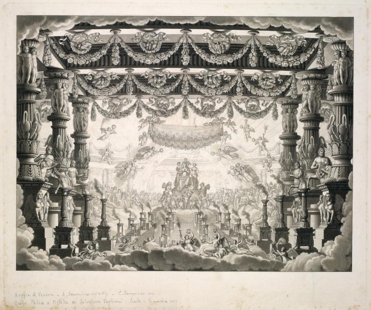 Reggia di Venere, scena eseguita pel ballo anacreontico, Pelia e Mileto, composto dal Sigr. Salvatore Taglioni, e rappresentato sulle scene dell'I. R. Teatro alla Scala. La primavera dell'anno 1827. A. Sanquirico inv e dip, C. Sanquirico inc.