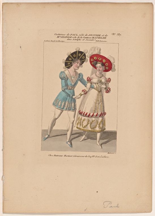 Costumes de Paul, rôle de Joconde et de Mme Anatole, rôle de la comtesse Mathilde, dans Astolphe et Joconde: ballet pantomime, Académie Royale de Musique