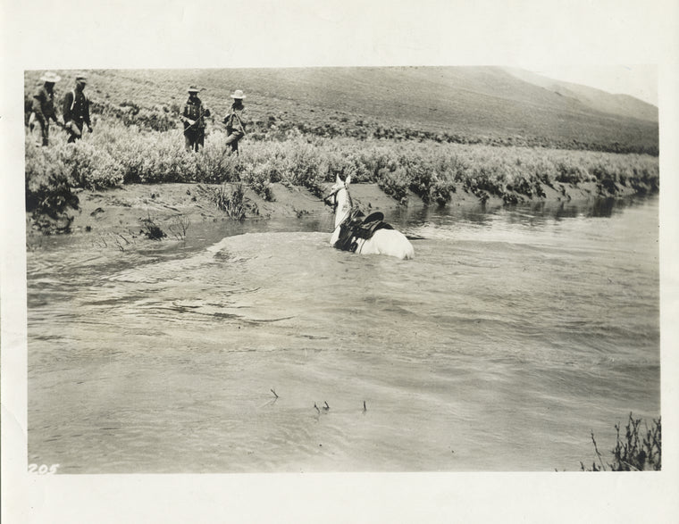 Transcontinental telephone line of the A.T. & T. Co. : construction gang swimming a horse across Rock Creek, at stake 2503 near Rock House, Nev. 5-1-14.