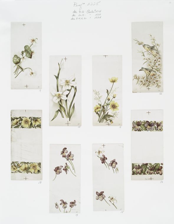 Easter cards depicting birds and flowers, including buttercups and violets.