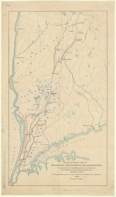 Map of water shed of Housatonic, Croton, Bronx and Byram Rivers: the location of proposed conduits from the Housatonic to the Croton Basin, and aqueduct lines