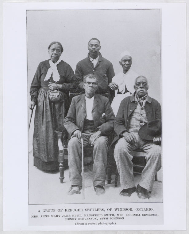 A group of refugee settlers, of Windsor, Ontario: Mrs. Anne Mary Jane Hunt, Manfield Smith, Mrs. Lucinda Seymour