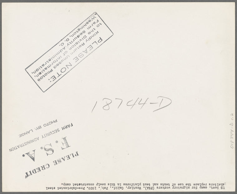 United States government camp for migratory workers (Farm Security Administration-FSA), Westley, California. Pre-fabricated steel shelters replace the use of tents and tent platforms in this newly constructed camp