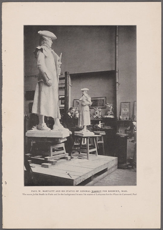 Paul W. Bartlett and his statue of General Warren for Roxbury, Mass. The scene is his studio in Paris and in the background is seen his statue of Lafayette for the Place de Carrousel, Pari.