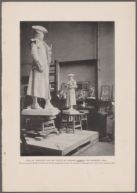 Paul W. Bartlett and his statue of General Warren for Roxbury, Mass. The scene is his studio in Paris and in the background is seen his statue of Lafayette for the Place de Carrousel, Pari.