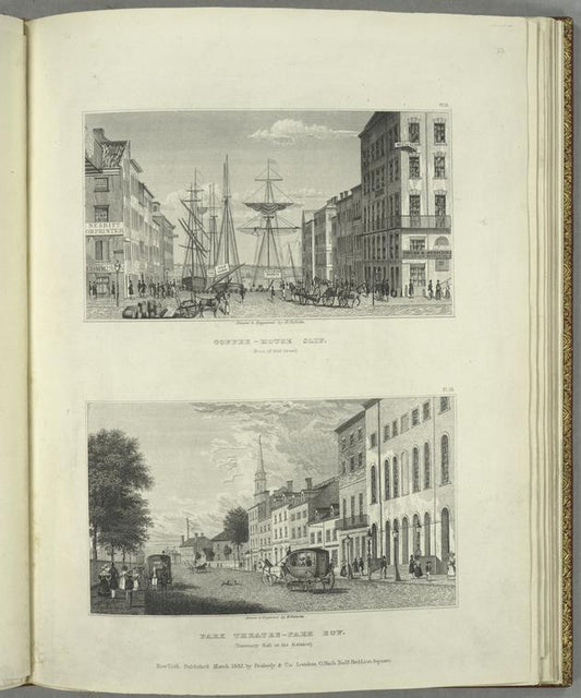 Coffee-House Slip (foot of Wall Street) ; Park Theatre-Park Row (Tammany Hall in the distance).