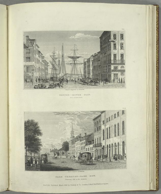 Coffee-House Slip (foot of Wall Street) ; Park Theatre-Park Row (Tammany Hall in the distance).