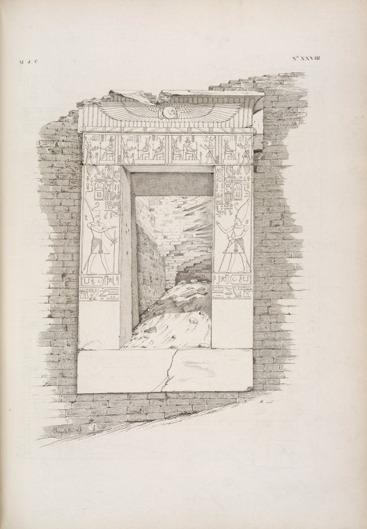 Un'antica porta del re Thutmes-Moeris [Thutmose III] conservata tra le costruzioni tolemaiche di Ombôs.