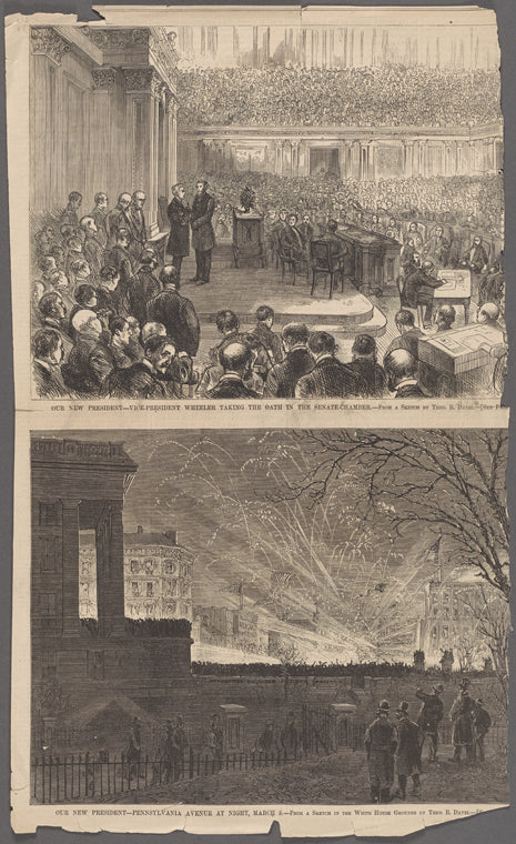Our new president--Vice President Wheeler taking the oath in the Senate chamber.--From a sketch by Theo. R. Davis... Our new president--Pennsylvania Avenue at night, March 5.--From a sketch in the White House Grounds by Theo. R. Davis