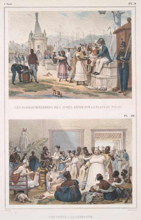 Les rafraîchissements de l'après dîner sur la place du palais [above]; Une visite à la campagne [below].