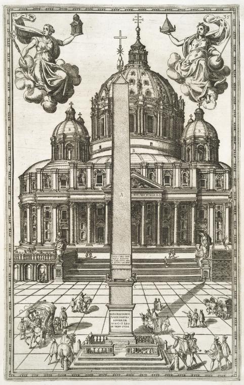 Guglia con i suoi adornamenti posta nel mezo della piazza ; Fabrica della chiesa di San Pietro nel modo, che starà, quando sarà finita....