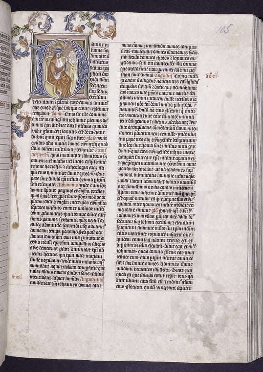 Opening of second text. Histoirated initial of the author as a teacher reading from his open book, with ruling pattern clearly visible