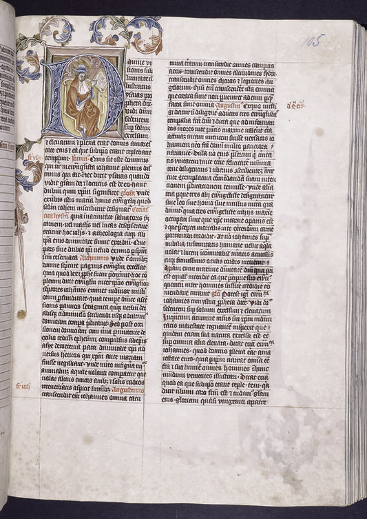 Opening of second text. Histoirated initial of the author as a teacher reading from his open book, with ruling pattern clearly visible