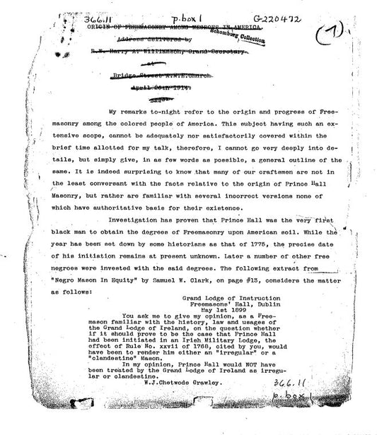 Origin of freemasonry among Negroes in America