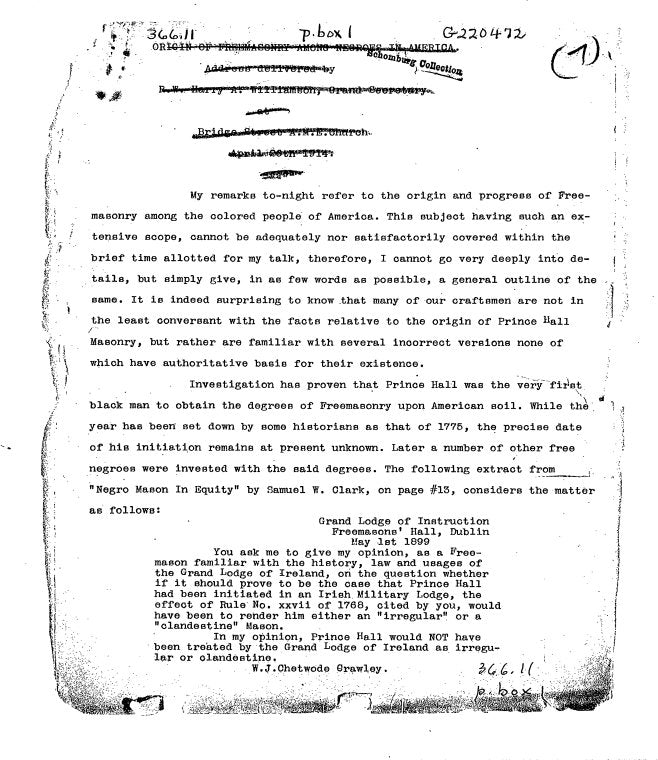 Origin of freemasonry among Negroes in America