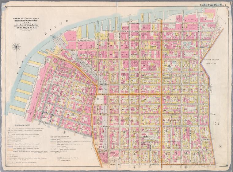 Bounded by Marshall St., Little St., Evans St., (United States Navy Yard) Hudson Ave., Johnson St., Main Fulton St., Clark St., (East River Docks) Furman ave., Fulton St., Water St., Dock St, Plymouth St. and Pearl St.