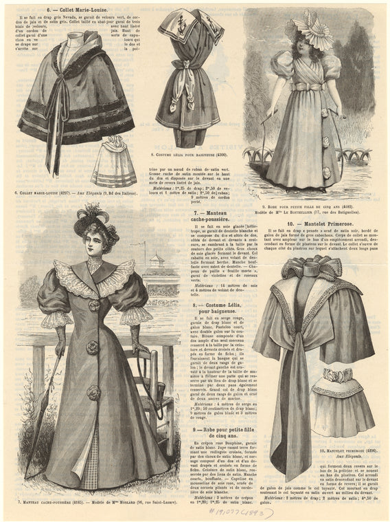 Collet Marie-Louse ; Manteau cache-poussière ; Costume Lèlia pour baigneuse ; Robe pour petite fille de cinq ans ; Mantelet primerose