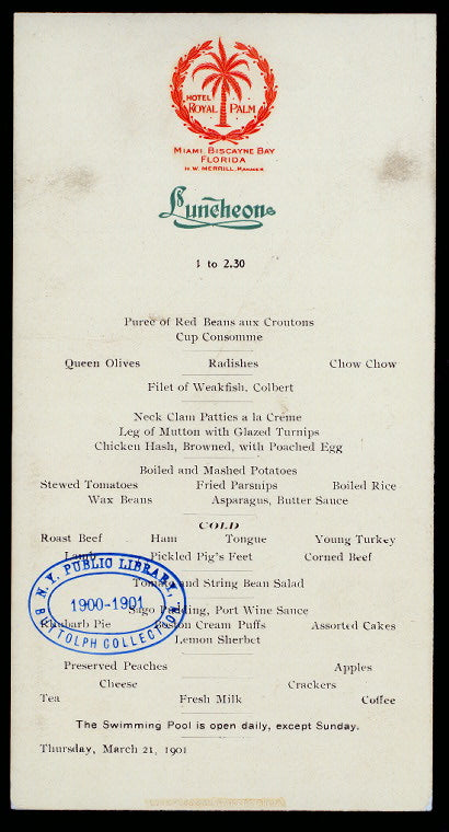LUNCHEON [held by] ROYAL PALM HOTEL [at] "MIAMI BISCAYNE BAY,FLA." (HOTEL)