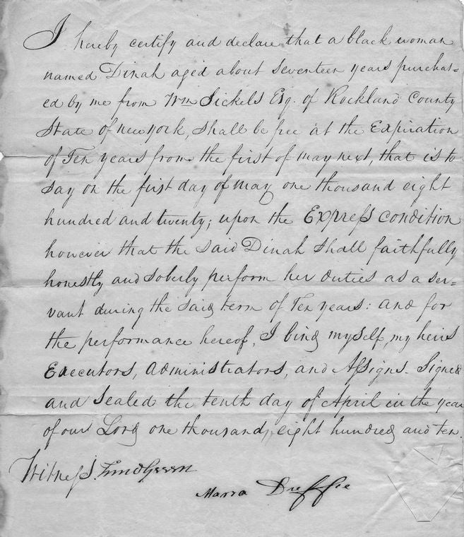 Certificate of freedom in ten years for woman named Dinah, signed by Maria Duffie