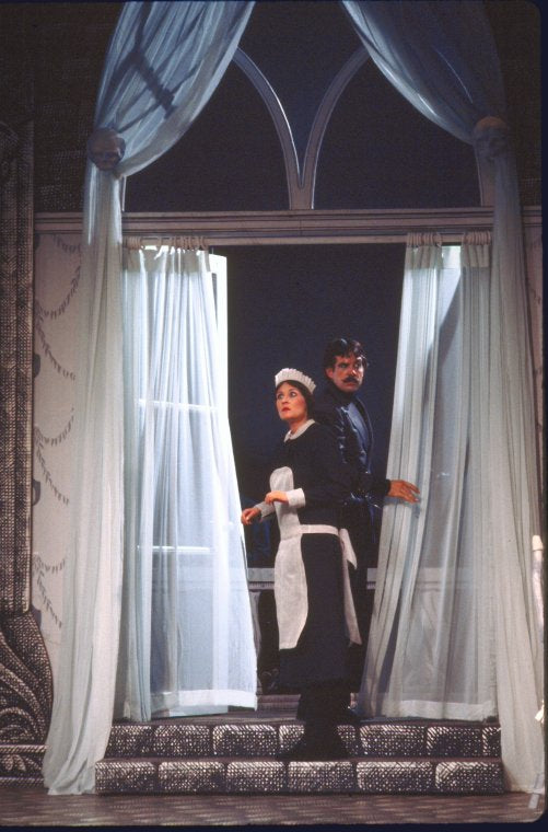 Actors Gretchen Oehler & Baxter Harris in a scene fr. the Broadway revival of the play "Dracula." (New York)
