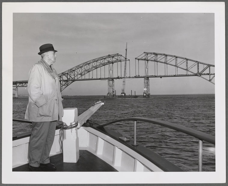 Robert Moses at the placing of final steel, Fire Island Inlet Bridge