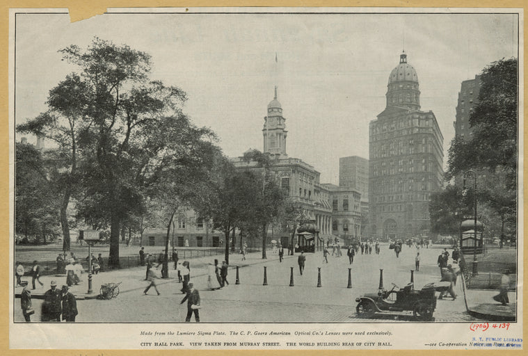City Hall Park : View taken from Murray Street ; the World Building rear of City Hall