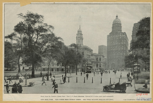 City Hall Park : View taken from Murray Street ; the World Building rear of City Hall