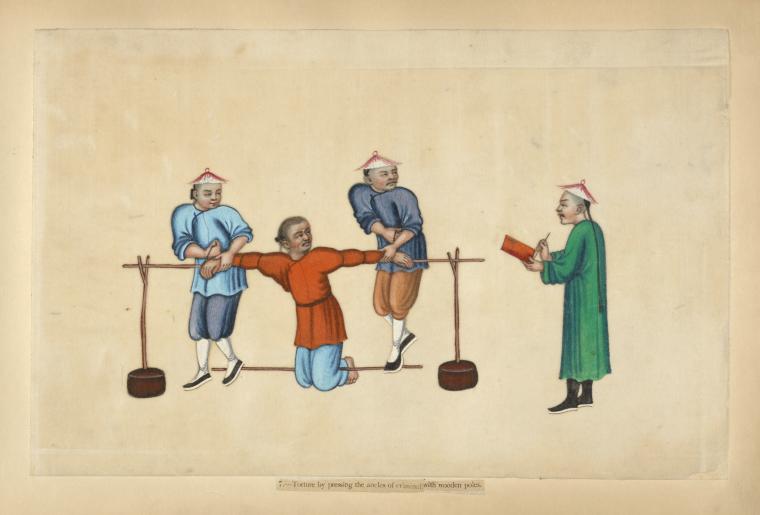 Torture by pressing the ancles [sic] of criminal with wooden poles