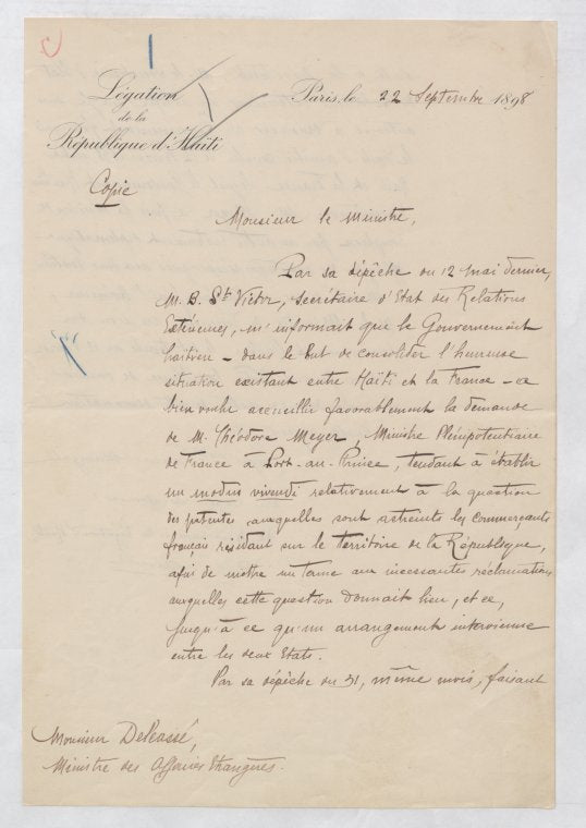Correspondence between François Manigat & Theophile Delcassé