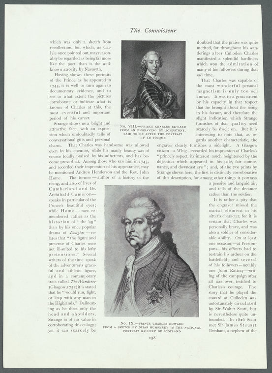 No. VIII.- Prince Charles Edward from an engraving by Johnstone, said to be after the portrait by Le Tocque.  No. IX.- Prince Charles Edward from a sketch by Ozias Humphrey in the National Portrait Gallery of Scotland